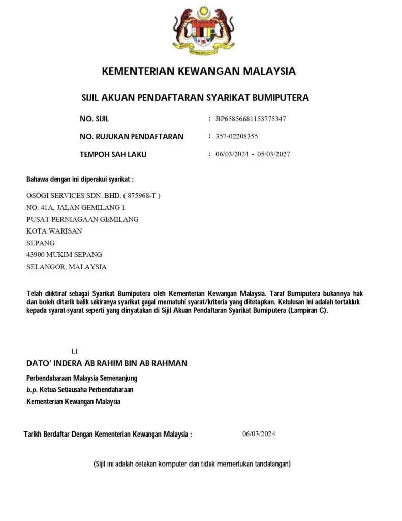 MOF CERT - BUMI STATUS 2024